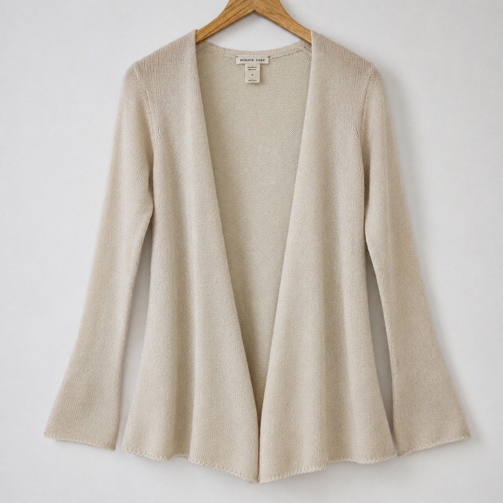 Minnie Rose Cardigan Women XS Cream 100% Cashmere Open Front Long Sleeve Sweater